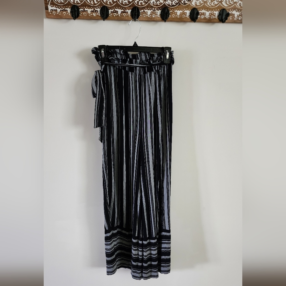 Anerican Eagle Striped Wideleg Pants Womens S Black Gray Boho Festival Coastal